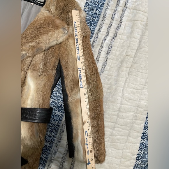 Montgomery Ward vintage 1976 brown Rabbit and black leather fur coat Penny Lane - Picture 9 of 12